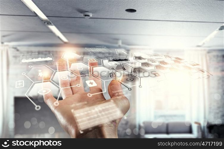 Media worldwide technology concept. Female hand demonstrating on palm global wireless connection concept. 3D rendering