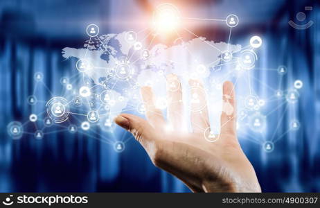 Media worldwide technology concept. Female hand demonstrating on palm global wireless connection concept. 3D rendering