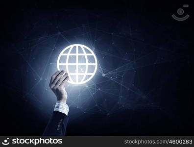 Media worldwide technology concept. Man hand holding digital Earth planet representing global technologies concept