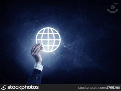 Media worldwide technology concept. Man hand holding digital Earth planet representing global technologies concept