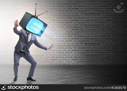 Media zombie concept with man and tv set instead of head