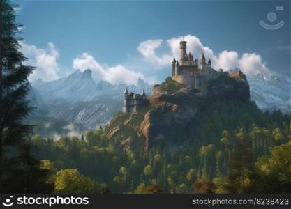 Mediaeval Castle on the top of Mountain in the Forest Created with Generative AI Technology