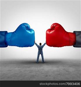 Mediate and legal mediation business concept as a businessman or person separating two boxing glove opposing competitors as an arbitration success symbol for finding common interests to lawfully solve a conflict.