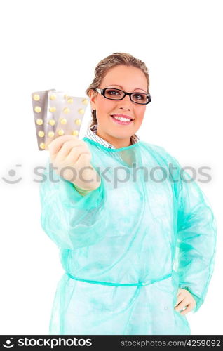 Medic holding some pills, isolated over white