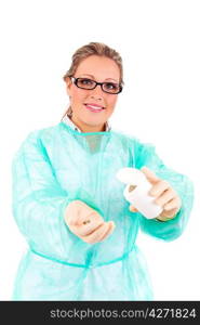 Medic holding some pills, isolated over white