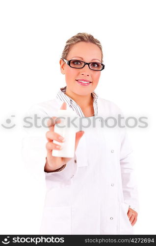 Medic holding some pills, isolated over white