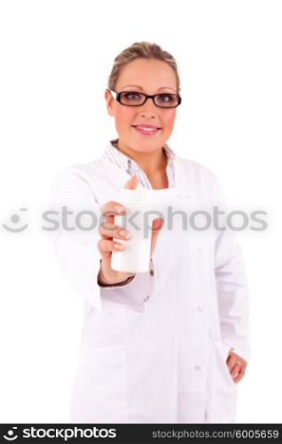 Medic holding some pills, isolated over white