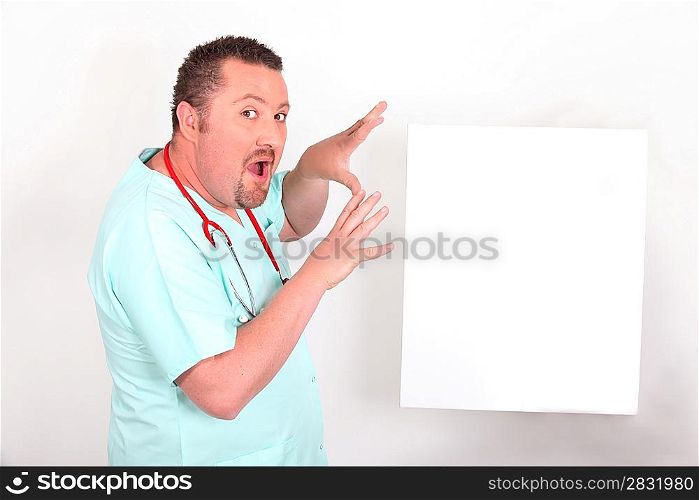 Medic with a magical floating board left blank for your message
