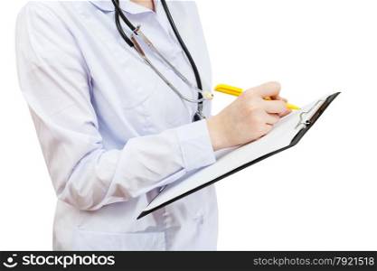 medic writes in clipboard isolated on white background