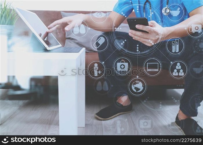 Medical and Health context,doctor hand working with smart phone,digital tablet computer,stethoscope,sitting on sofa in living room,virtual graphic interface icons screen