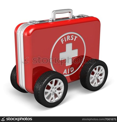 Medical assistance concept: red case with first aid kit with car wheels isolated on white background
