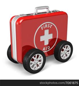 Medical assistance concept: red case with first aid kit with car wheels isolated on white background