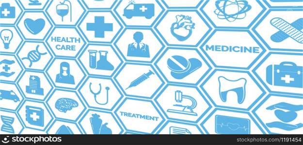 Medical background - Healthcare logo, doctor icon and medical symbol on blue background displaying healthcare person, medical treatment, emergency service, health research and medical insurance.