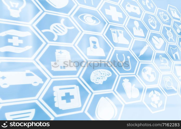 Medical background - Healthcare logo, doctor icon and medical symbol on blue background displaying healthcare person, medical treatment, emergency service, health research and medical insurance.