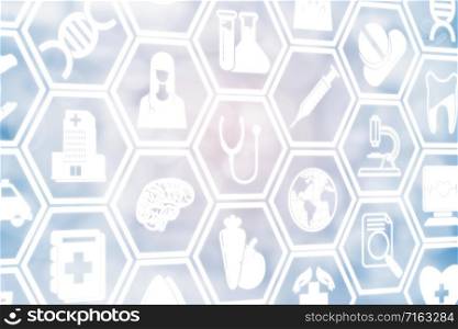 Medical background - Healthcare logo, doctor icon and medical symbol on blue background displaying healthcare person, medical treatment, emergency service, health research and medical insurance.