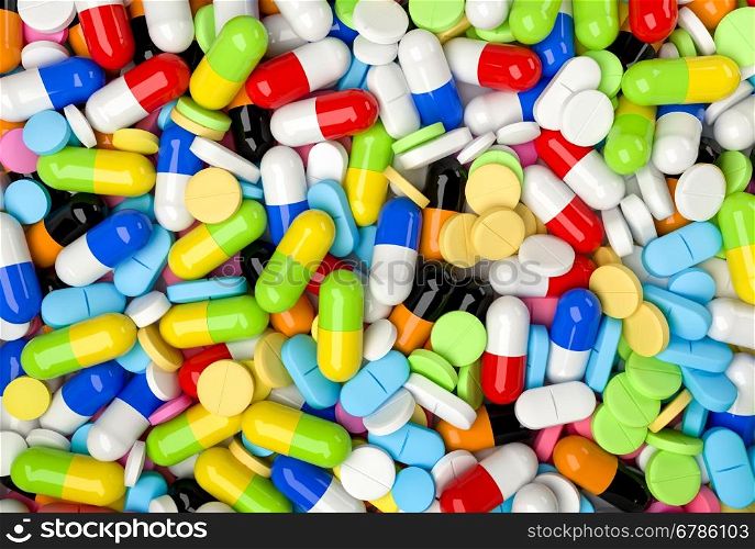 Medical background with colorful pills and capsules. Realistic 3D render
