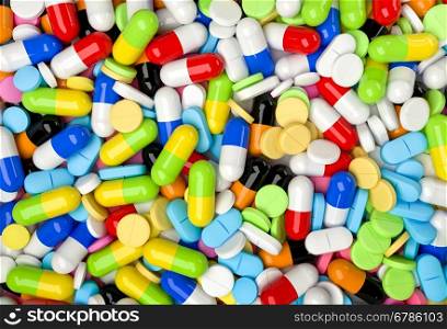 Medical background with colorful pills and capsules. Realistic 3D render