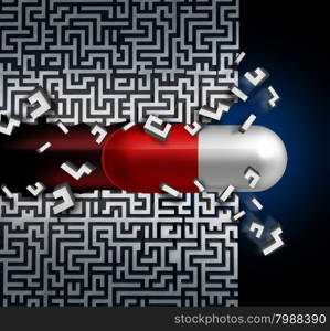 Medical breakthrough concept and a successful medication discovery symbol as a healthcare medicine solution with a capsule pill breaking through a maze or labyrinth.