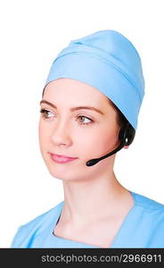 Medical call center concept - girl with headphone isolated on white
