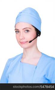 Medical call center concept - girl with headphone isolated on white