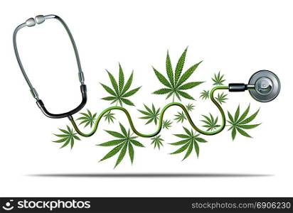 Medical cannabis and marijuana medicine concept as a natural medicinal symbol as a doctor stethoscope with leaves as a 3D render concept.