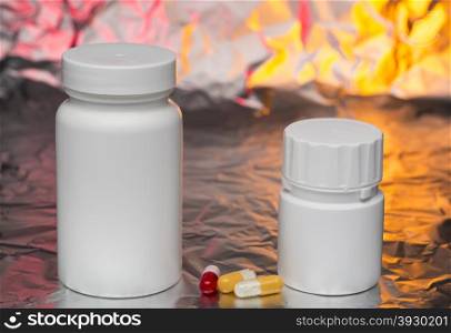 Medical capsules with white bottle. Medical capsules with bottle on colorful background