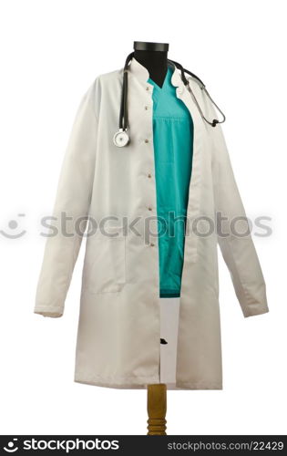 Medical coat and stethoscope isolated on white