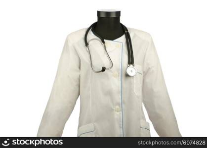 Medical coat and stethoscope isolated on white