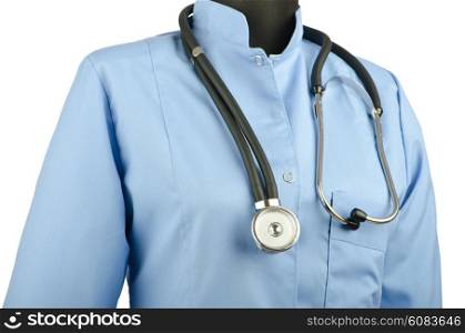 Medical coat and stethoscope isolated on white