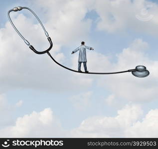 Medical decisions health care concept with a doctor in a lab coat walking a tight rope made from a stethoscope on a blue sky background as a metaphor for hospital therapy risk versus benefit as a balancing act for successful patient therapy.