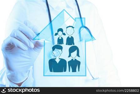 medical doctor hand drawing family Health care icon as concept
