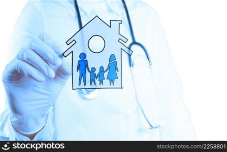 medical doctor hand drawing family Healthcare icon as concept