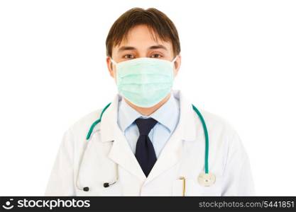 Medical doctor in mask and with stethoscope isolated on white&#xA;