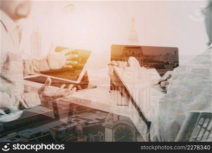 Medical doctor in white uniform gown coat consulting businessman patient having exam as Hospital professionalism concept with city exposure