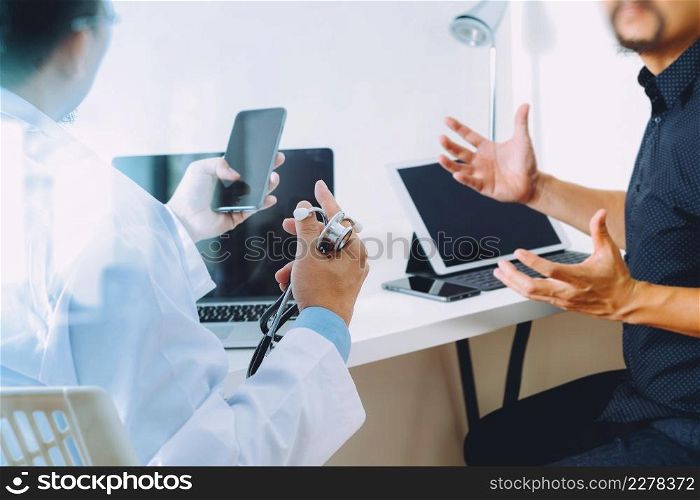Medical doctor in white uniform gown coat consulting businessman patient having exam as Hospital professionalism concept