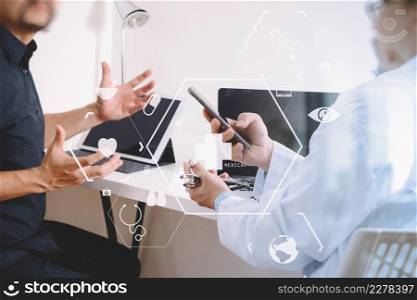 Medical doctor in white uniform gown coat consulting businessman patient having exam as Hospital professionalism concept with VR icon diagram