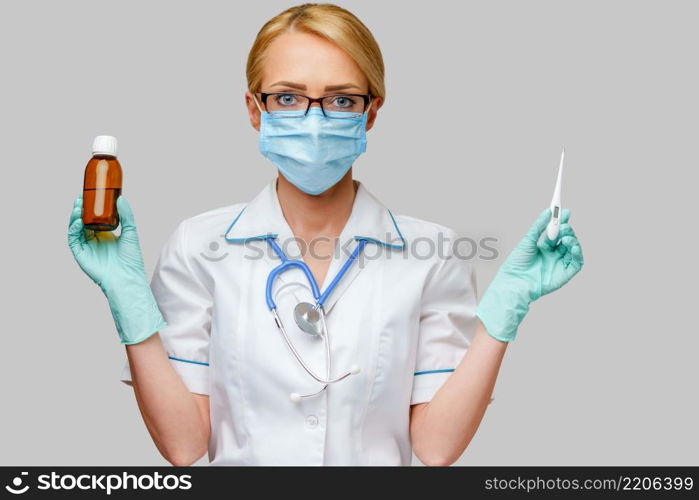 medical doctor nurse woman wearing protective mask and rubber or latex gloves - holding can of medicine and thermometer.. medical doctor nurse woman wearing protective mask and rubber or latex gloves - holding can of medicine and thermometer