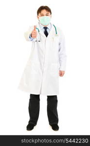 Medical doctor wearing mask and showing thumbs up gesture isolated on white&#xA;