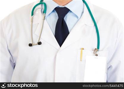 Medical doctor with stethoscope isolated on white. Close-up.&#xA;