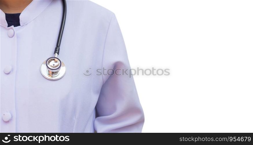 Medical doctor woman or physician in white gown uniform with stethoscope in hospital or clinic isolated on white background