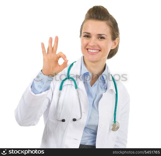 Medical doctor woman showing ok gesture