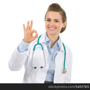 Medical doctor woman showing ok gesture