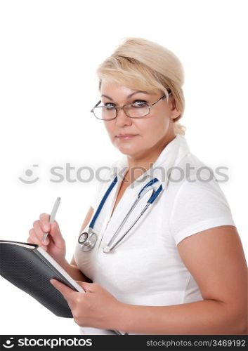 medical doctor woman with stethoscope isolated on white background