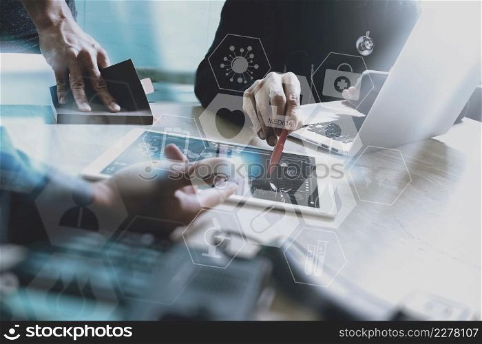 medical doctor working with smart phone and digital tablet computer with stethoscope and eyeglass on marble desk with virtual graphic interface icons screen as concept