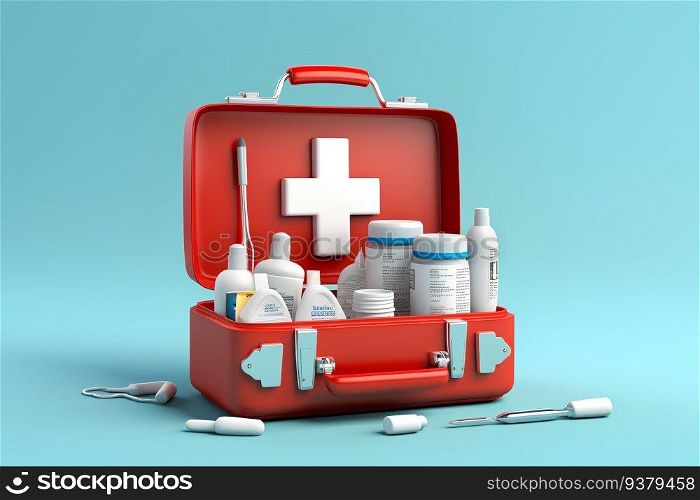 Medical equipment First Aid Kit 3D cartoon style. Medical concept. Generative AI