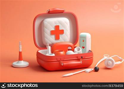 Medical equipment First Aid Kit 3D cartoon style. Medical concept. Generative AI