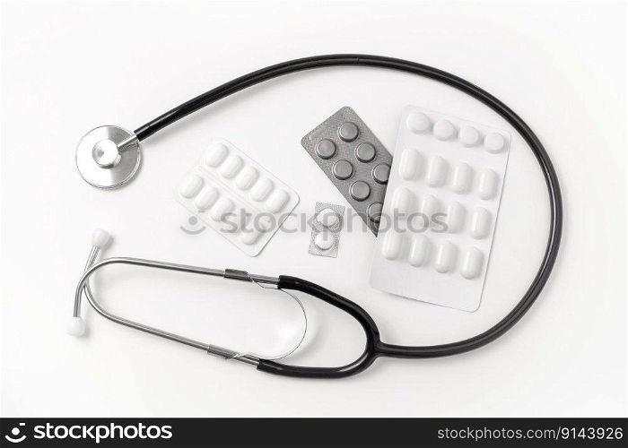 Medical equipment on white background. Stethoscope, pills, tablets. Medical tools. Medicine and healthcare. Medical equipment on white background. Stethoscope, pills, tablets. Medical tools. Medicine and healthcare.