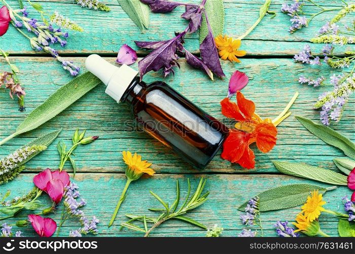 Medical essential oils of flowers and herbs.Herbal essence.Aromatherapy. Bottle with herb essential oil