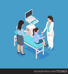 Medical examination of a child isometric vector illustration. Examination pediatrician, woman diagnostic and consultation. Medical examination of a child isometric vector illustration