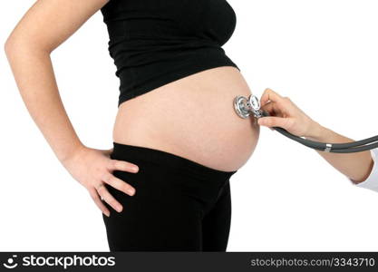 Medical examination of nine month pregnant woman belly, isolated on white background